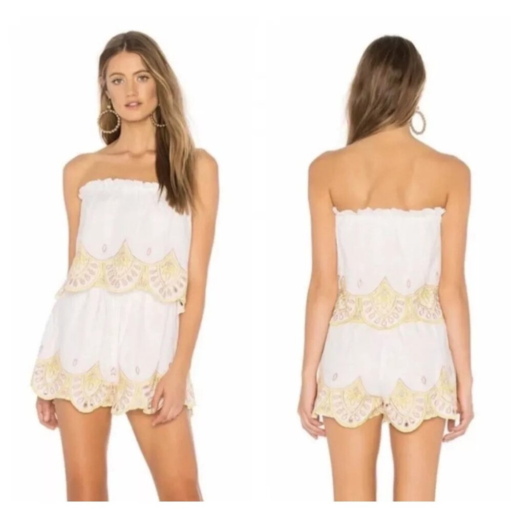 Lovers + Friends White Strapless Embroidered Romper with Yellow Accents